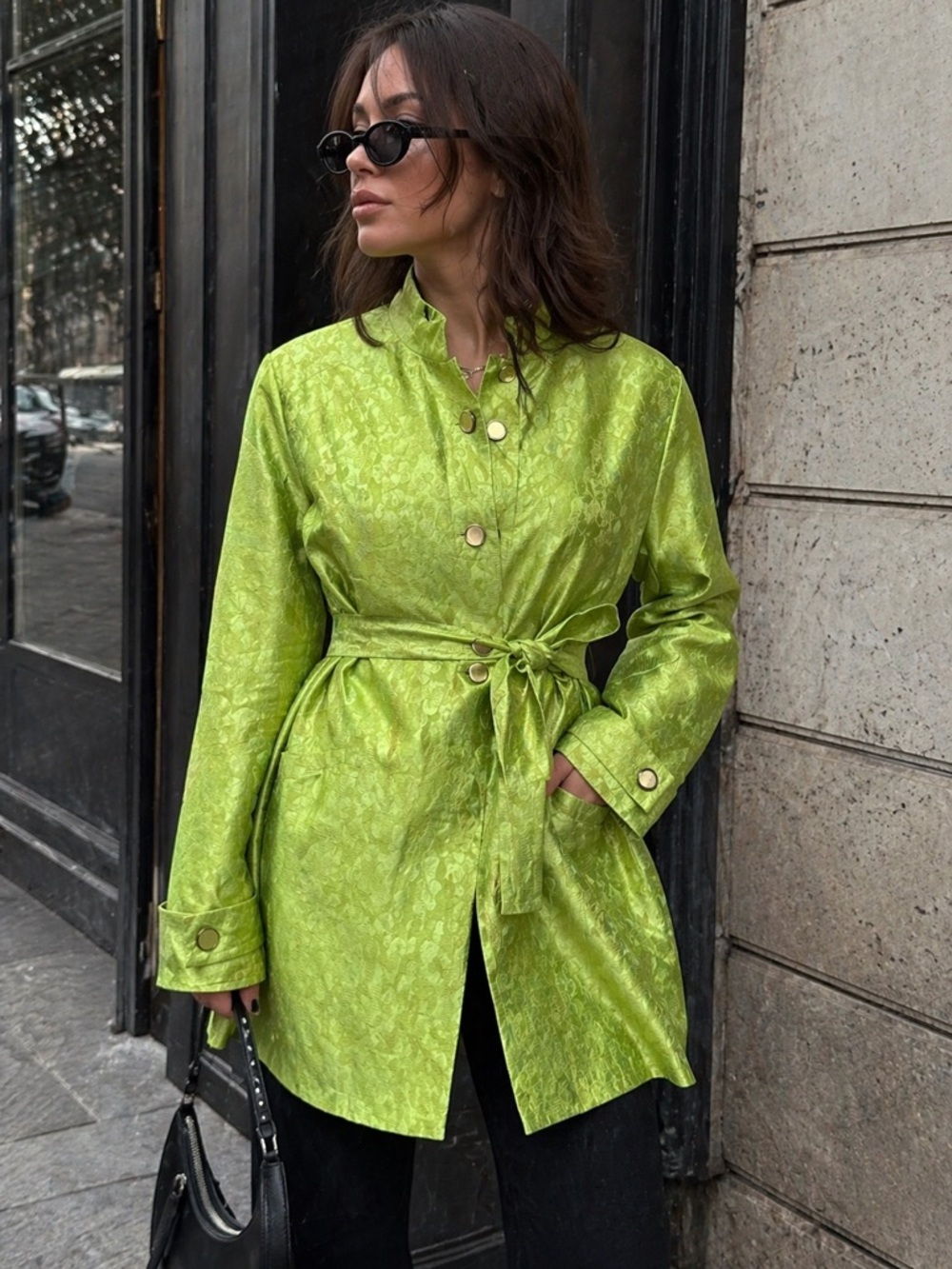 Rampage Lime Green Jacquard Tie-Waist Trench Coat
